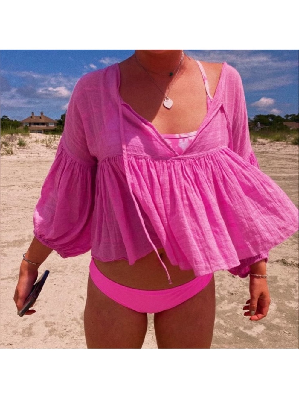 Free People Hot Pink Beaumont Mews Blouse